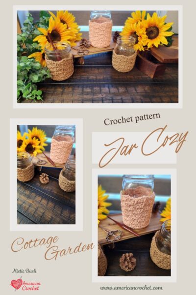 Cottage Garden Jar Cozy crochet pattern pin, peach cotton mason jar cozy in three sizes, American Crochet