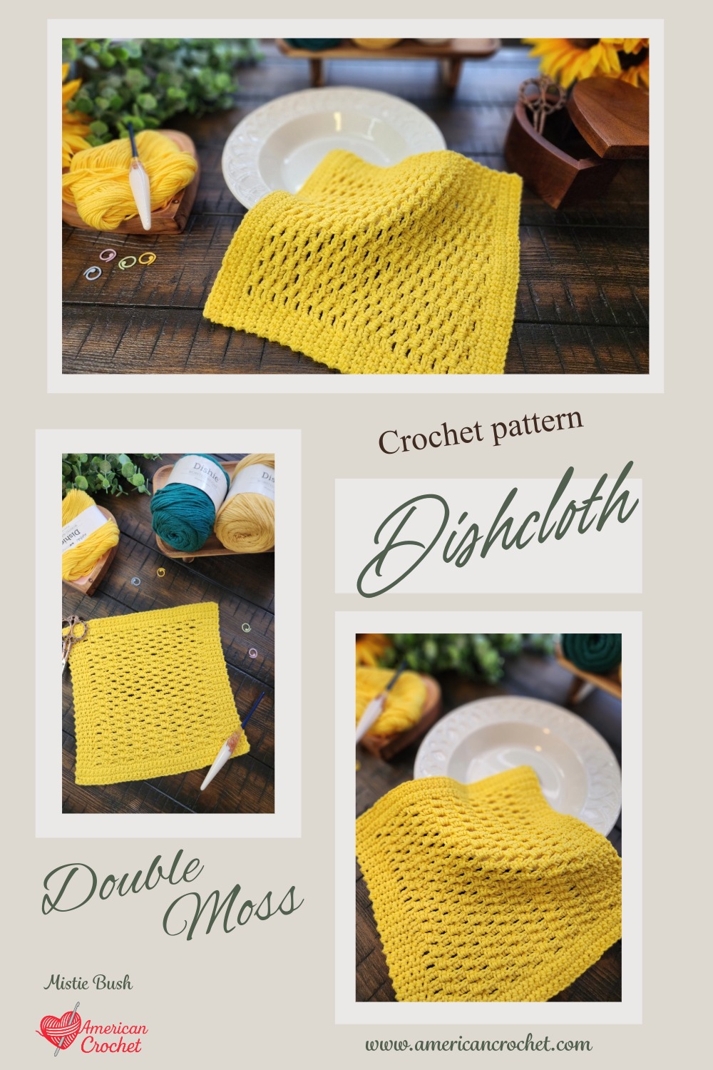 Double Moss Dishcloth crochet pattern pin — a golden-yellow crochet dishcloth styled with a white plate, sunflowers, and cotton yarn — American Crochet