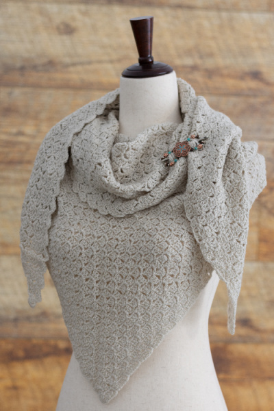 Vintage Linen Shawl crochet pattern — natural oatmeal triangle shawl with shell stitch texture on dress form, American Crochet