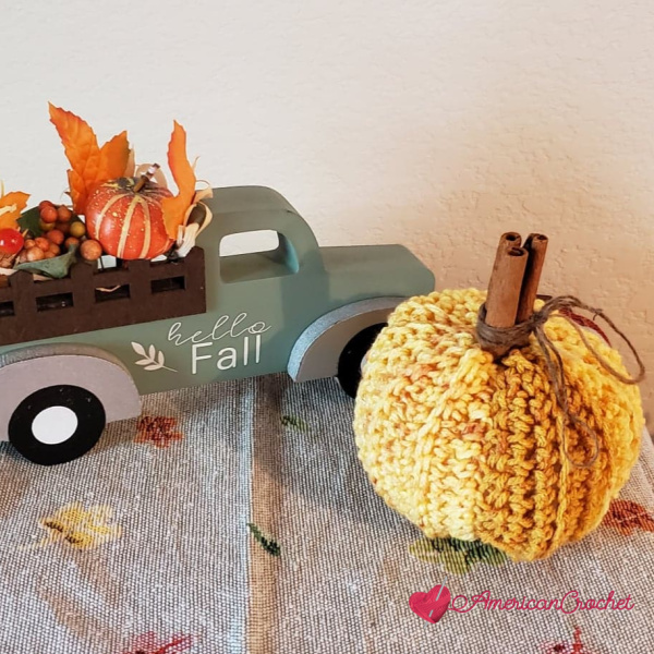 Crochet pumpkin with back loop ribs and a cinnamon stick stem, Blessed Pumpkin pattern