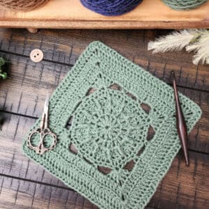 Stade Crossing Square crochet pattern – a 9-inch textured crochet square featuring single, half double, double, treble crochet stitches, with back loop and front post techniques. Part of the Riverwood Square CAL 2025