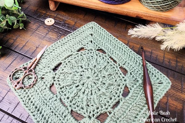 Stade Crossing Square crochet pattern – a 9-inch textured crochet square featuring single, half double, double, treble crochet stitches, with back loop and front post techniques. Part of the Riverwood Square CAL 2025.