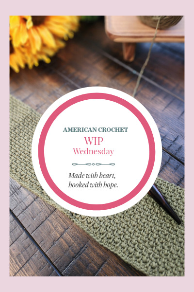 Golden Linen Wrap crochet work in progress by Mistie Bush of American Crochet — olive wrap with sunflowers