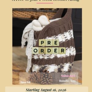 Golden Hour crochet-along bundle pre-order — a brown and cream crochet S'mores Tote market bag with pinecones, listing all four patterns: S'mores Tote, Double Moss Dishcloth, Cottage Garden Jar Cozy, and Golden Linen Wrap, starting August 16, 2026.