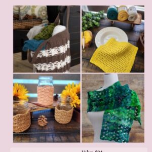 Golden Hour Pattern Bundle — 4 summer crochet patterns: the S'mores Tote, Double Moss Dishcloth, Cottage Garden Jar Cozy, and Emerald City Scarf