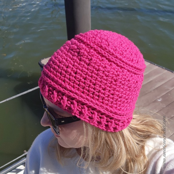 Top view of the Reba Beanie showing the crown and the half double crochet slip stitch texture